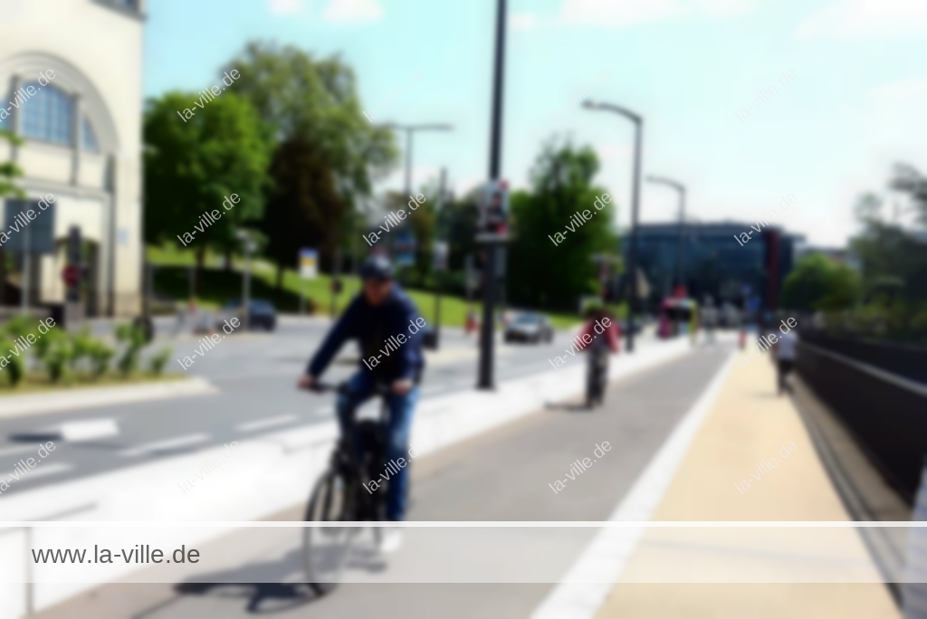 Ein Mann fährt mit dem Fahrrad auf einem Gehweg.