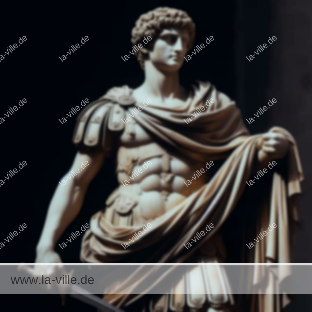 Eine Marmorstatue einer männlichen Figur in klassischer römischer Kleidung, die ein Schwert hält.